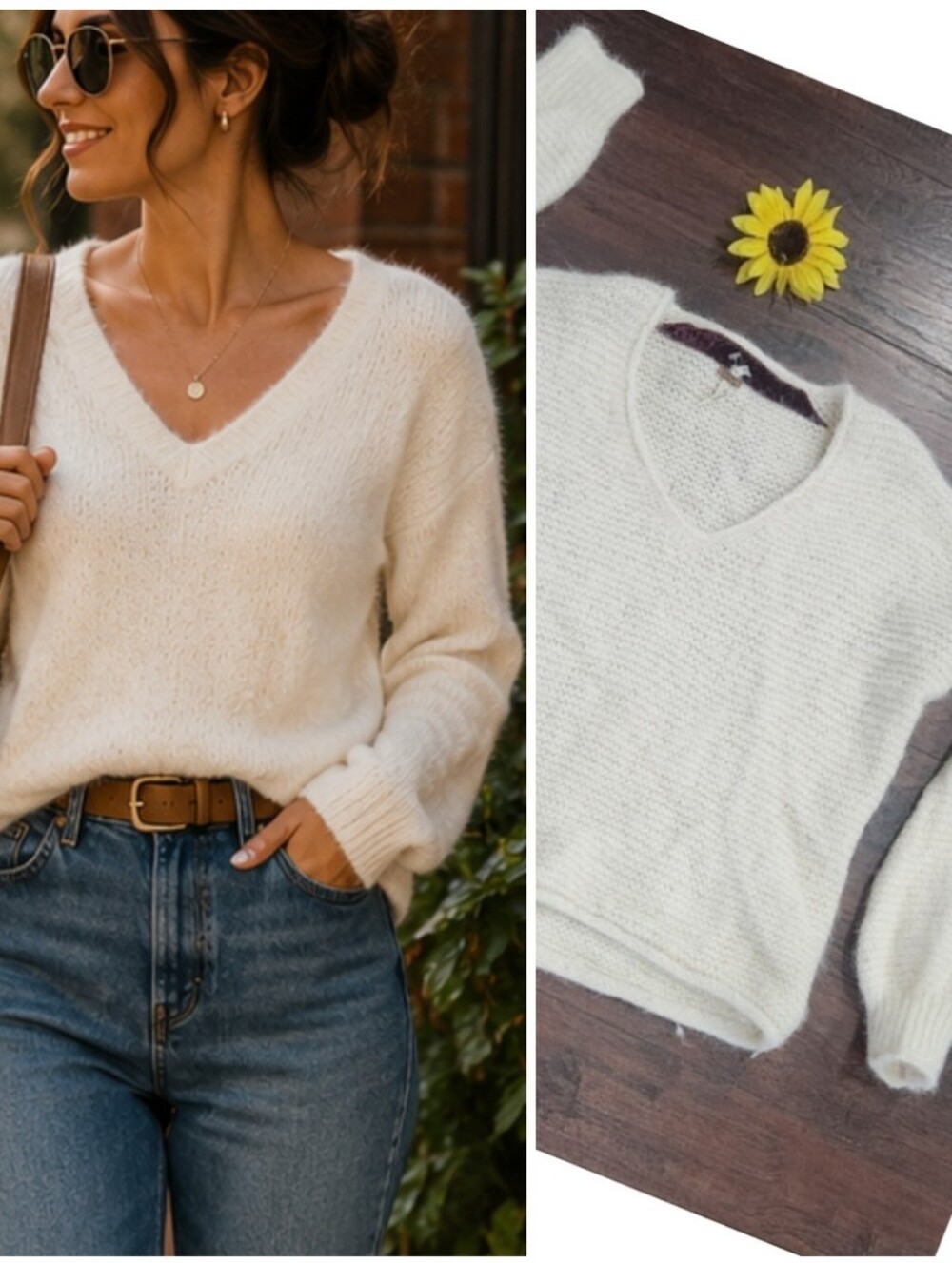 Free People Cream V-Neck Sweater